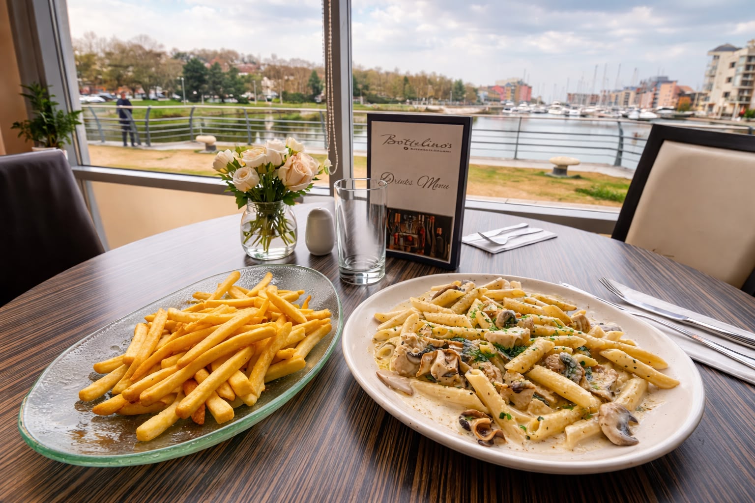 Creamy mushroom pasta with marina view