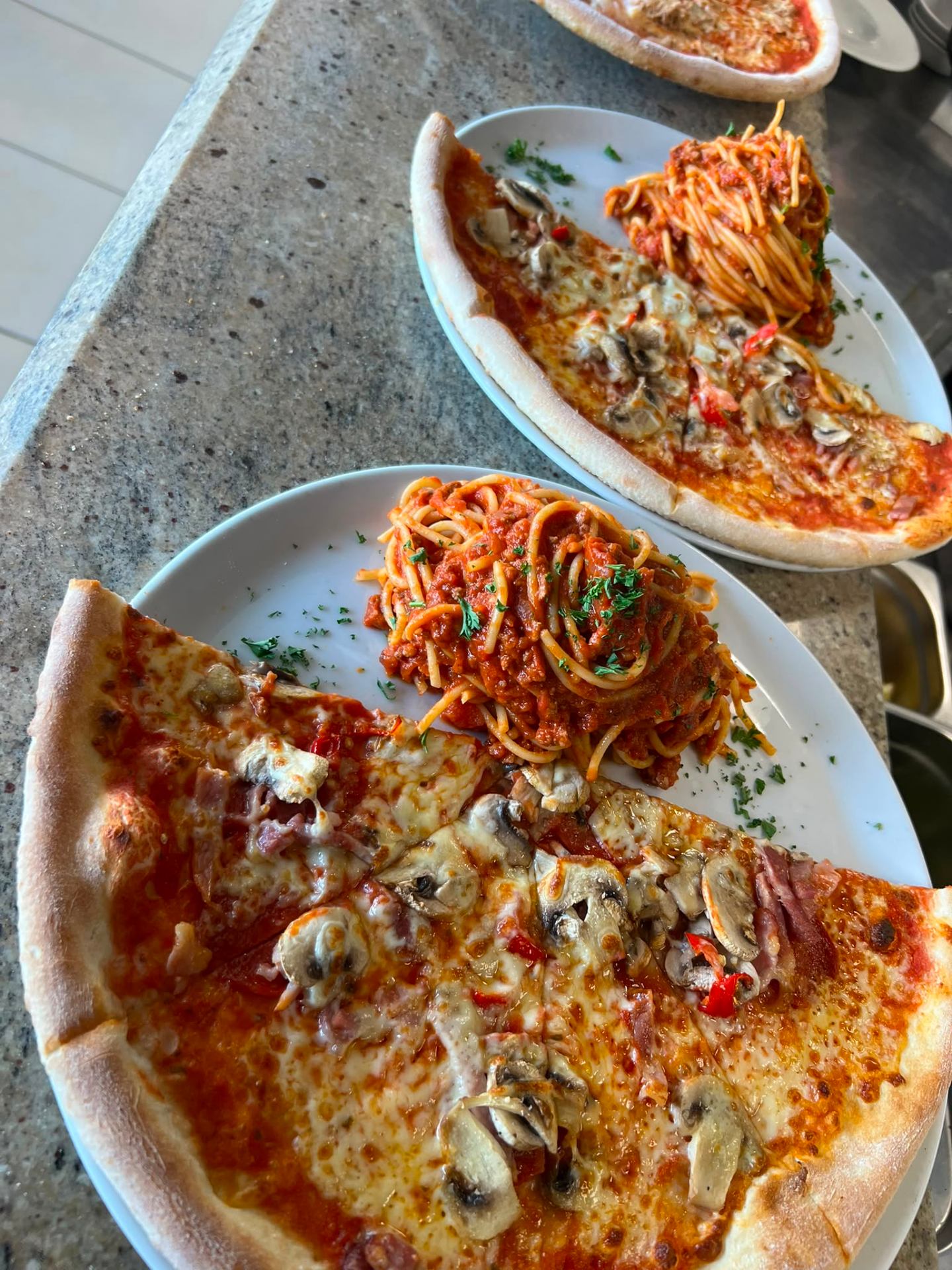 Pizza and spaghetti bolognese